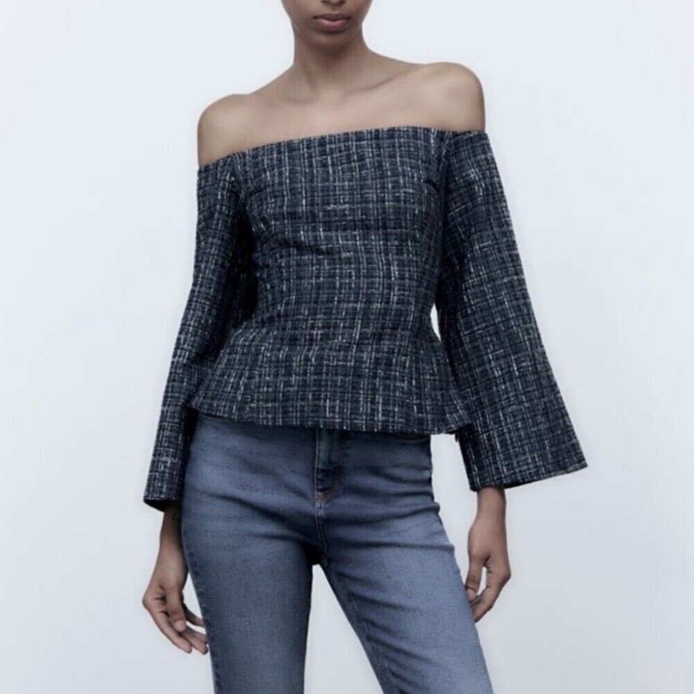 NWT New ZARA Tweed Textured Off Shoulder Flare Long Sleeves Top Size S